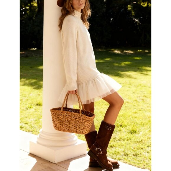 Women Turtleneck Knit Mini Dress with Tulle Hem Ribbed Sweater for Casual - Picture 7 of 7